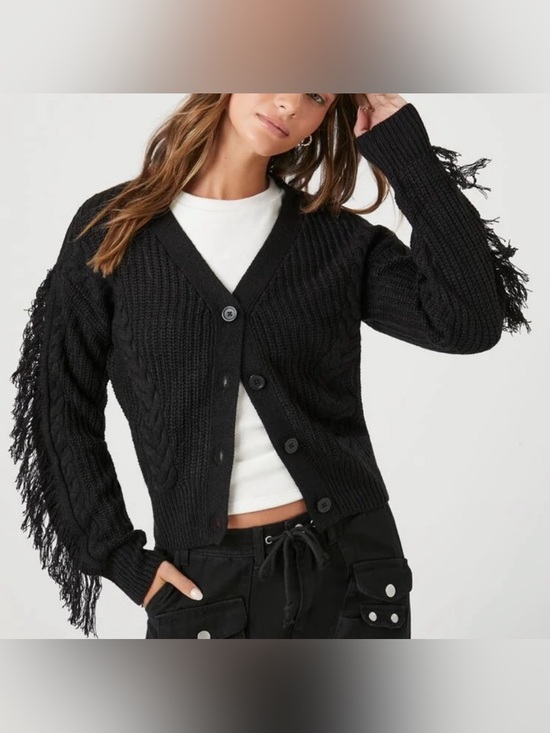 fct with love Sweaters - FCT With Love Black Fringed Cable Knit Cardigan